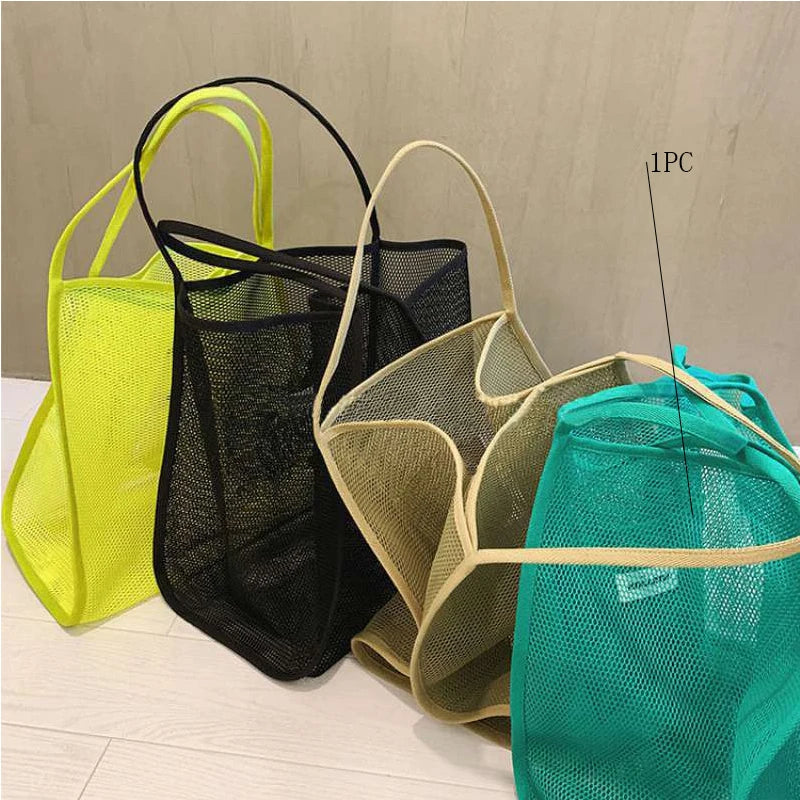 Women Mesh Shoulder Purse Large Capacity Beach Tote Bag for Summer Seaside Trip