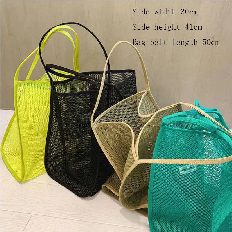Women Mesh Shoulder Purse Large Capacity Beach Tote Bag for Summer Seaside Trip