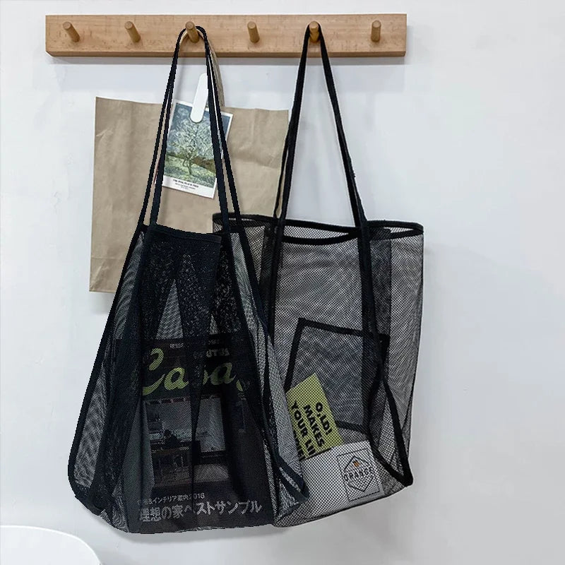 Women Mesh Shoulder Purse Large Capacity Beach Tote Bag for Summer Seaside Trip