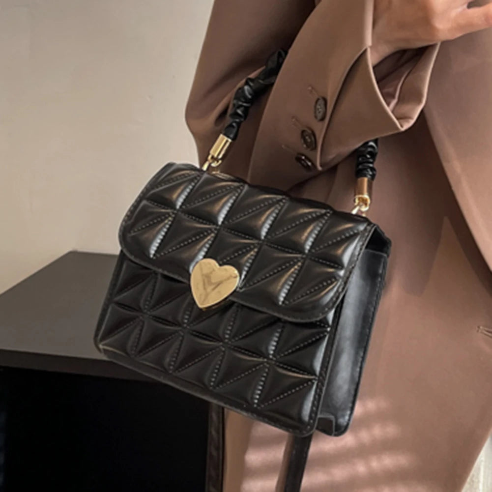 Women Messenger Bag Pleated Heart Hasp Top-handle Bag Casual PU Leather