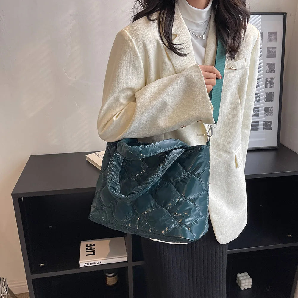 Winter Quilted Women Messenger Bag Nylon Top-handle Tote