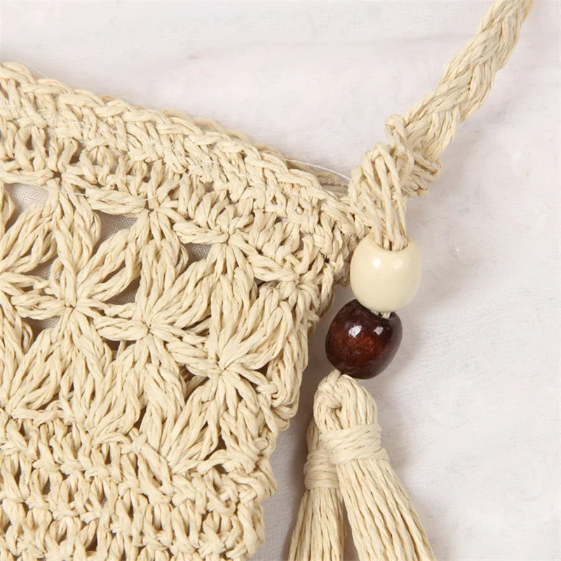 Hollow Out Woven Messenger Bag Tassel Beach Straw Crossbody Bag