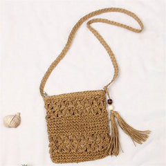 Hollow Out Woven Messenger Bag Tassel Beach Straw Crossbody Bag