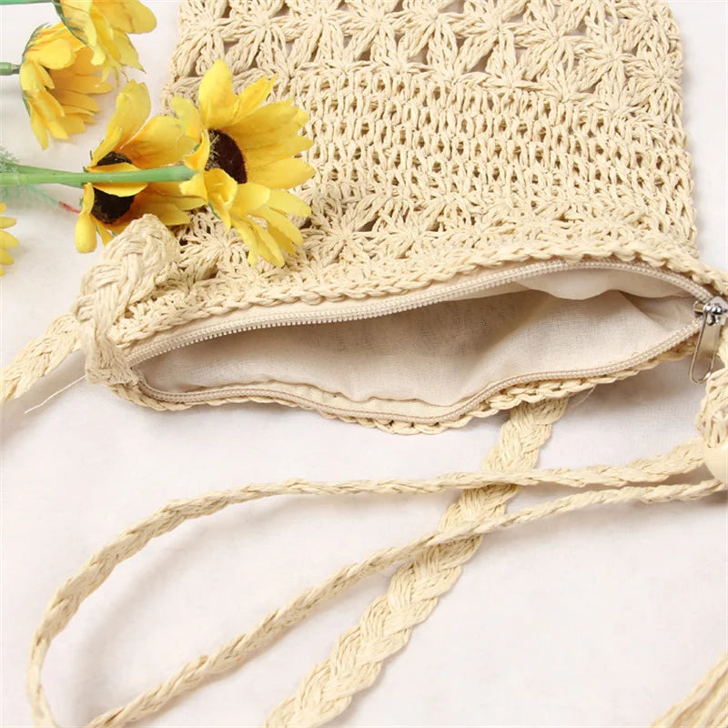 Hollow Out Woven Messenger Bag Tassel Beach Straw Crossbody Bag