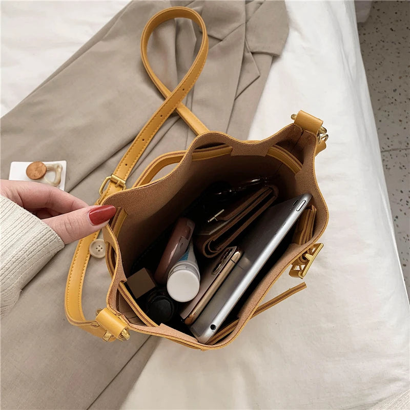 Vintage Crossbody Set Leather Shoulder Bag Lady Bucket Bag