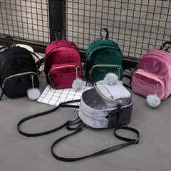 Velvet Mini Backpack with Pompom Zipper