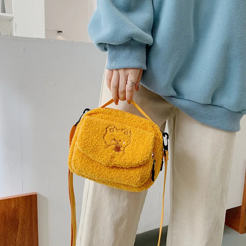 Women Mini Plush Shoulder Bag Small Canvas Cross Body Bags Ladies Zipper Purse