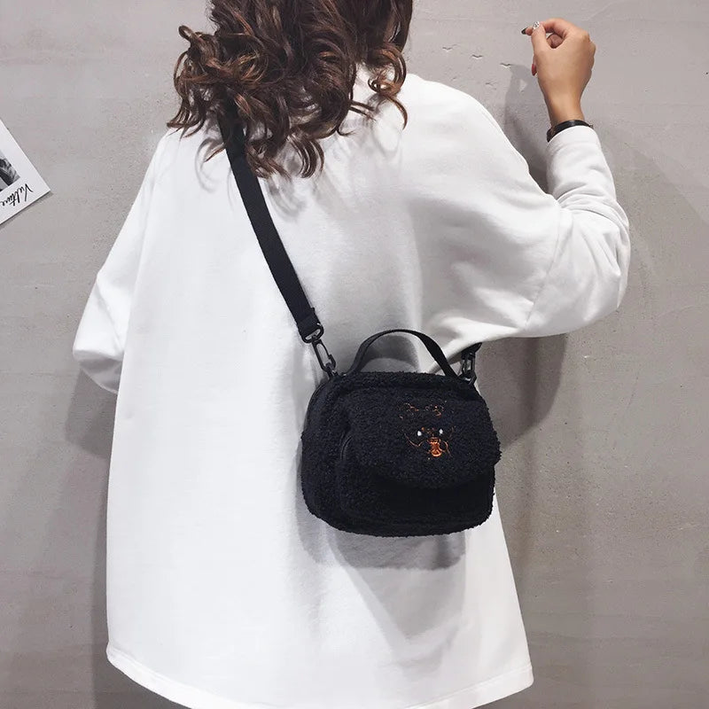 Women Mini Plush Shoulder Bag Small Canvas Cross Body Bags Ladies Zipper Purse