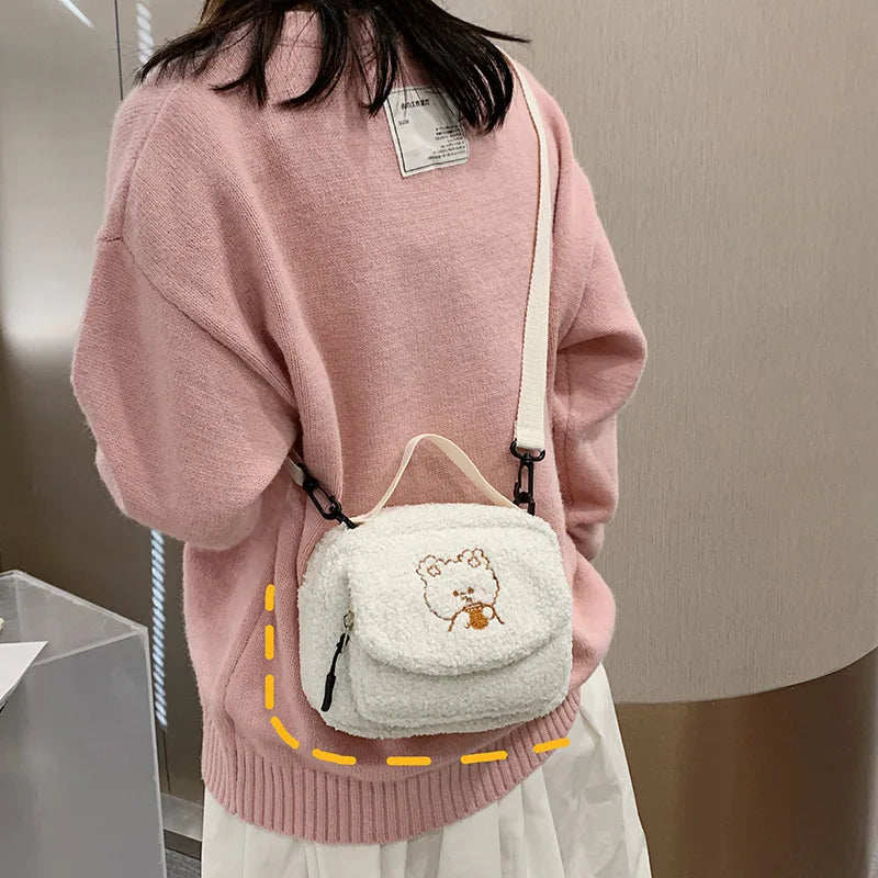 Women Mini Plush Shoulder Bag Small Canvas Cross Body Bags Ladies Zipper Purse