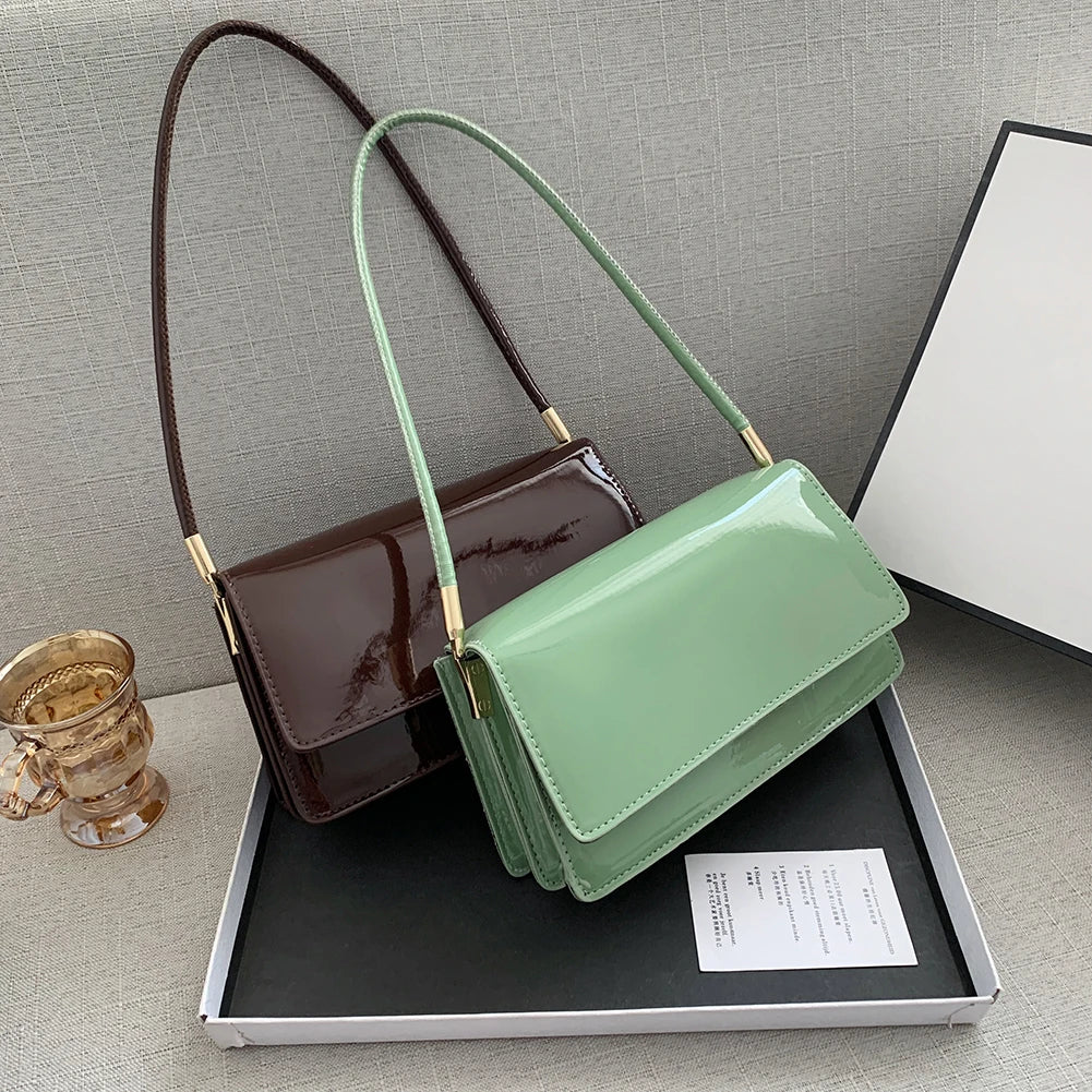 Women Patent PU Leather Solid Shoulder Underarm Bags Casual Small Flap Handbags
