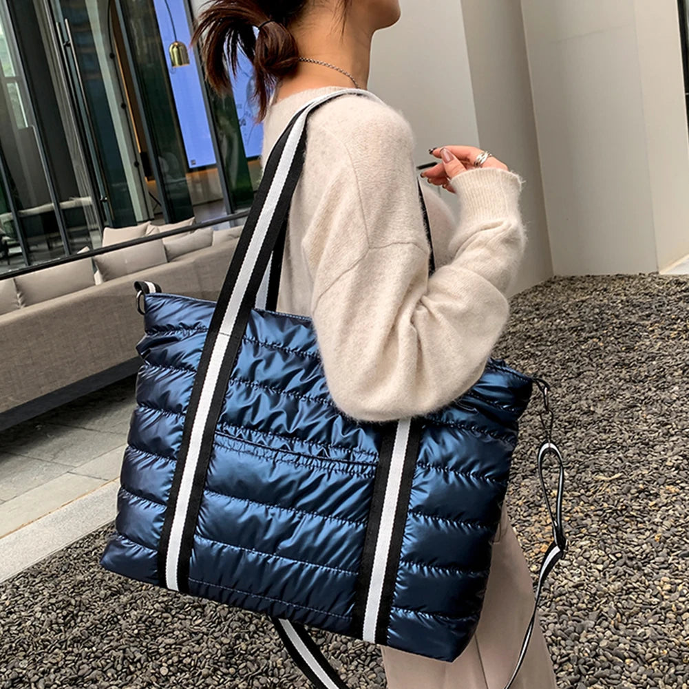 Women Nylon Padded Quilted Handbag Winter Warm Tote Bag Large Capacity Handbag