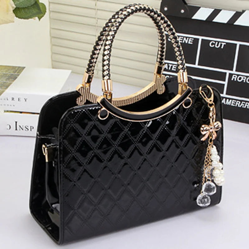 PU Handbag with Hanging Ornament Hard Top-handle Shoulder Bag