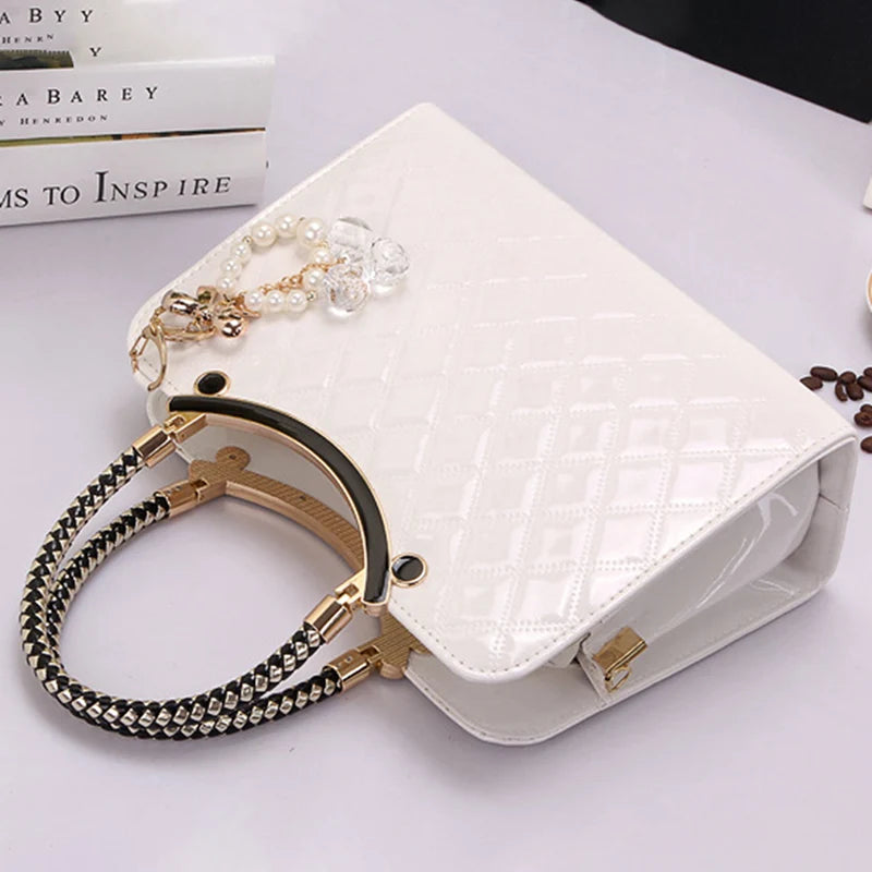 PU Handbag with Hanging Ornament Hard Top-handle Shoulder Bag