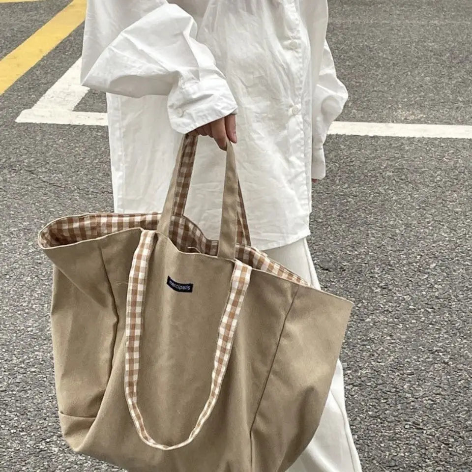 Plaid Shopping Bags Shoulder Tote Student Canvas Bag