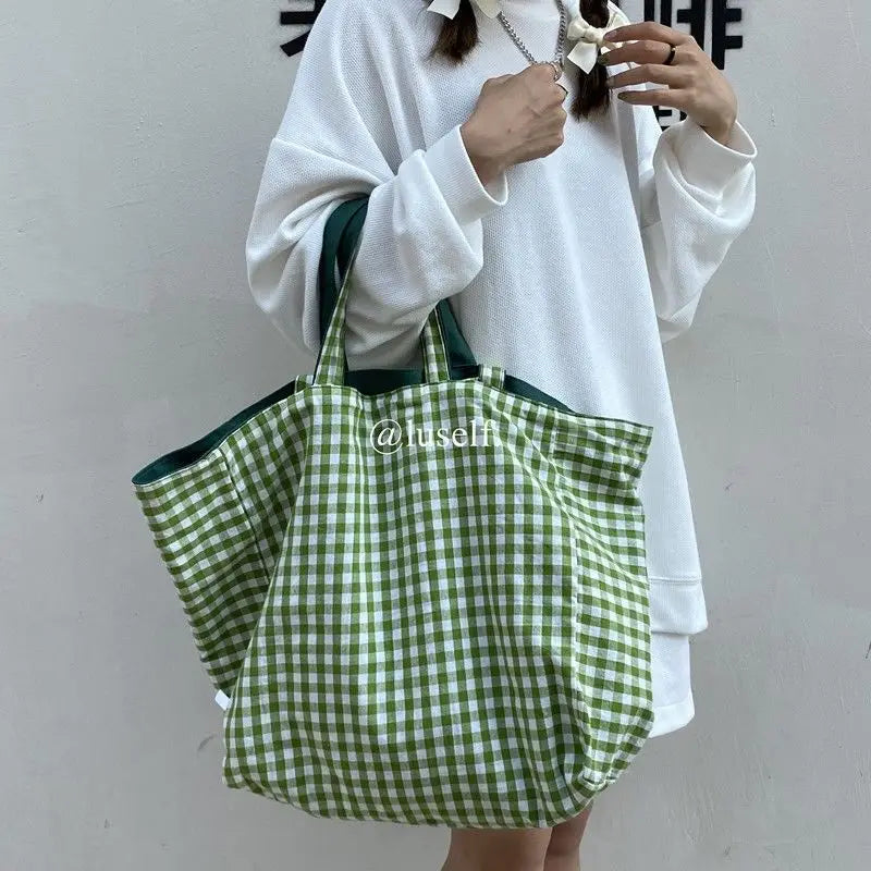 Plaid Shopping Bags Shoulder Tote Student Canvas Bag