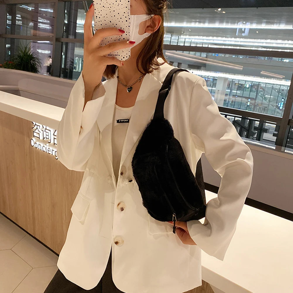 Women Plush Chest Bag Solid Belt Shoulder Crossbody Chest Bag Female Fanny Pack