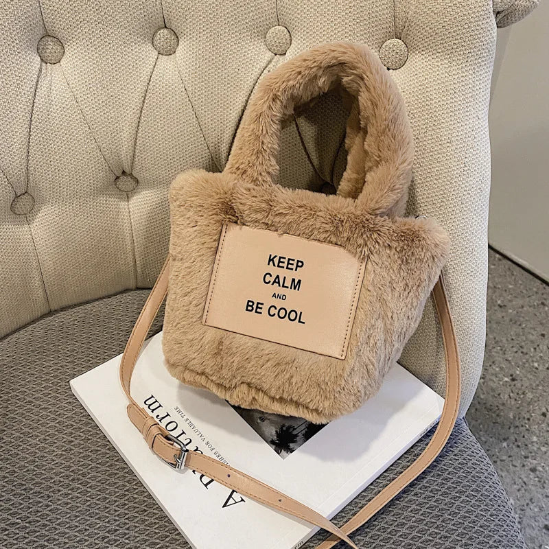 Women Plush Handbags Bucket Shoulder Bag Letter Messenger Purse High Bag