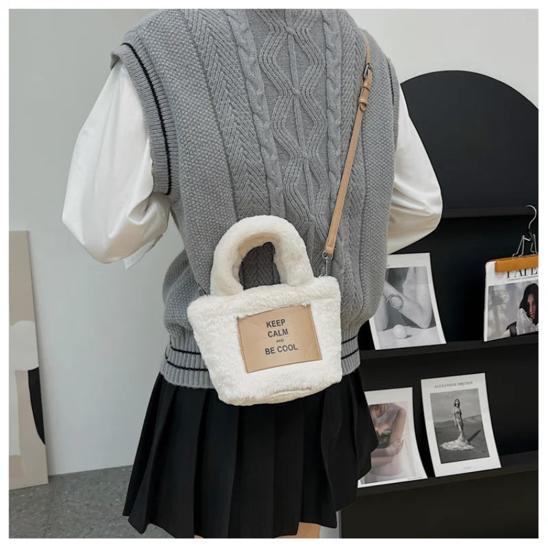 Women Plush Handbags Bucket Shoulder Bag Letter Messenger Purse High Bag