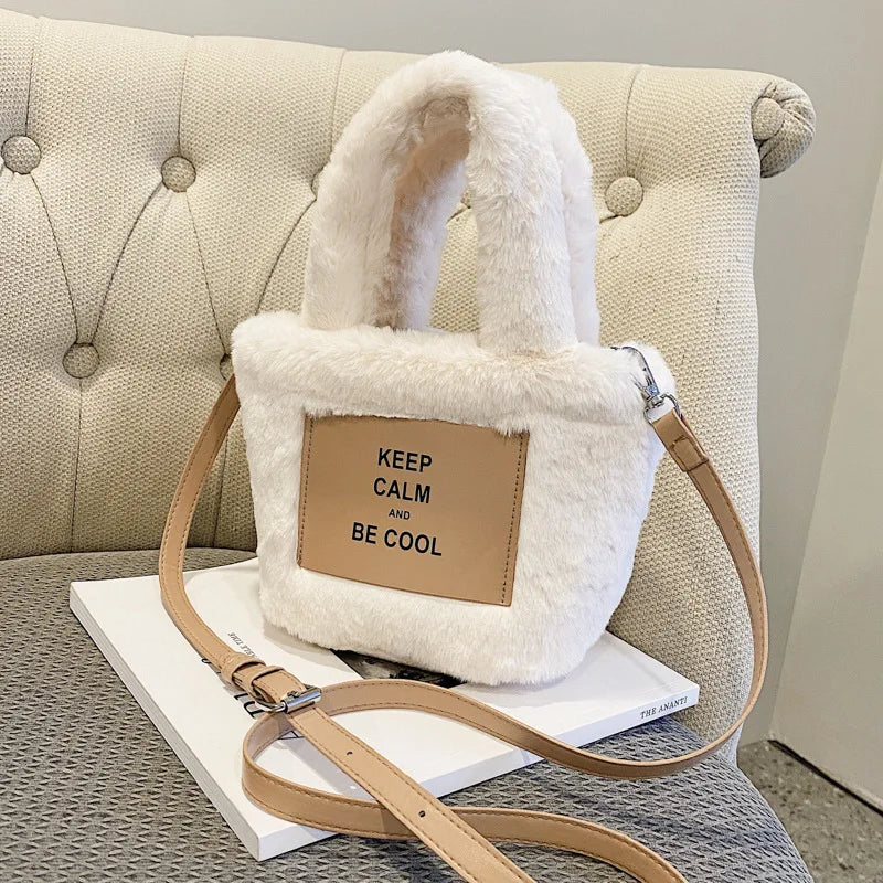 Women Plush Handbags Bucket Shoulder Bag Letter Messenger Purse High Bag