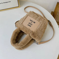 Women Plush Handbags Bucket Shoulder Bag Letter Messenger Purse High Bag