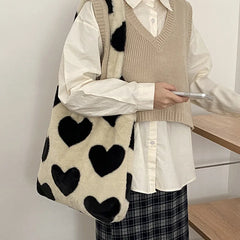 Women Plush Heart-shaped Tote Canvas Shoulder Bag Fluffy Fur Handbags