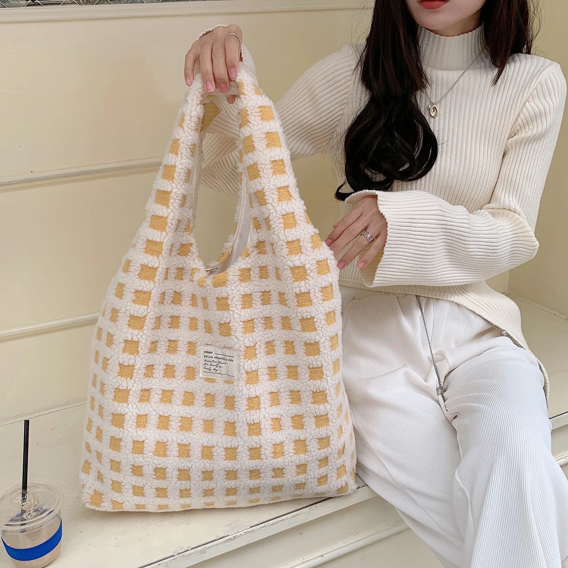 Women Plush Plaid Tote Shoulder Bags Canvas Fluffy Handbags Large Capacity
