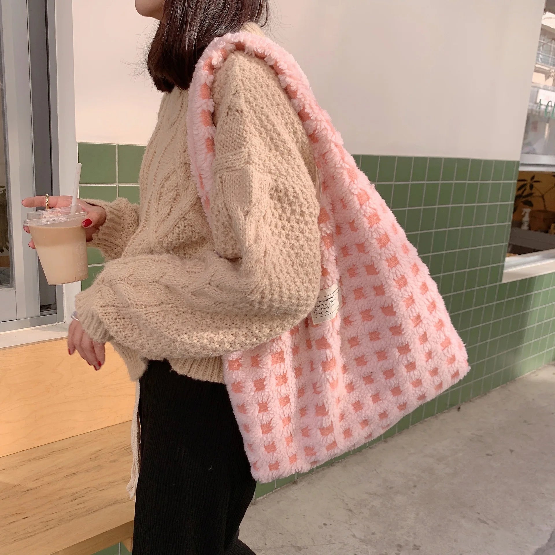 Women Plush Plaid Tote Shoulder Bags Canvas Fluffy Handbags Large Capacity