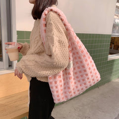 Women Plush Plaid Tote Shoulder Bags Canvas Fluffy Handbags Large Capacity