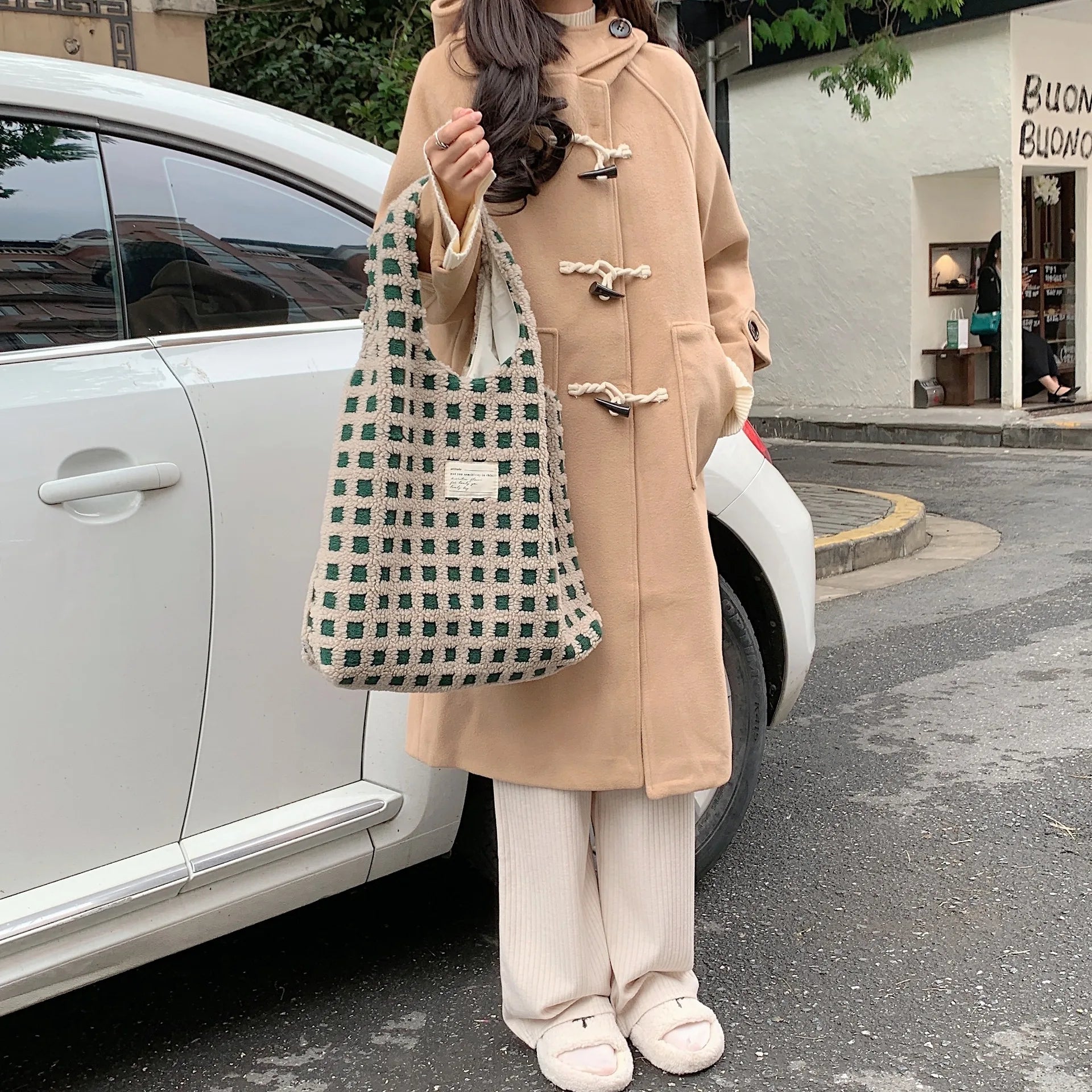Women Plush Plaid Tote Shoulder Bags Canvas Fluffy Handbags Large Capacity