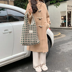 Women Plush Plaid Tote Shoulder Bags Canvas Fluffy Handbags Large Capacity
