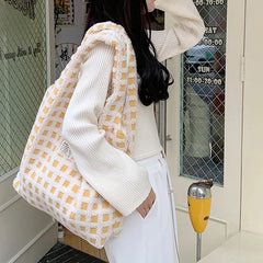 Women Plush Plaid Tote Shoulder Bags Canvas Fluffy Handbags Large Capacity