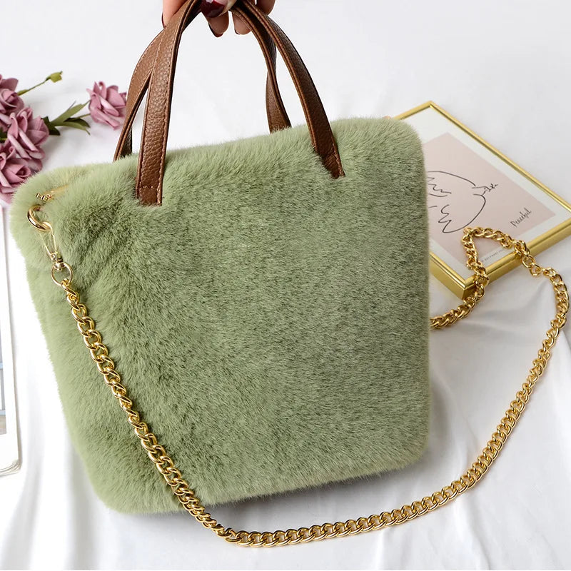 Women Plush Shoulder Bag Soft Faux Fur Ladies Chain Messenger Bags