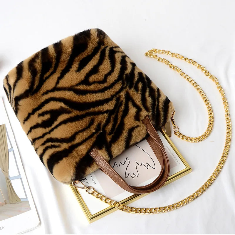 Women Plush Shoulder Bag Soft Faux Fur Ladies Chain Messenger Bags