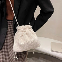 Women Plush Shoulder Bag Furry Drawstring Bucket Purse Soft Handbag Tote