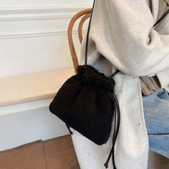 Women Plush Shoulder Bag Furry Drawstring Bucket Purse Soft Handbag Tote