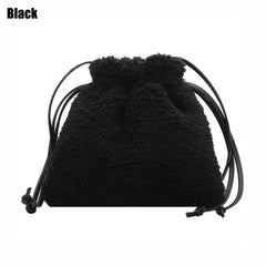 Women Plush Shoulder Bag Furry Drawstring Bucket Purse Soft Handbag Tote