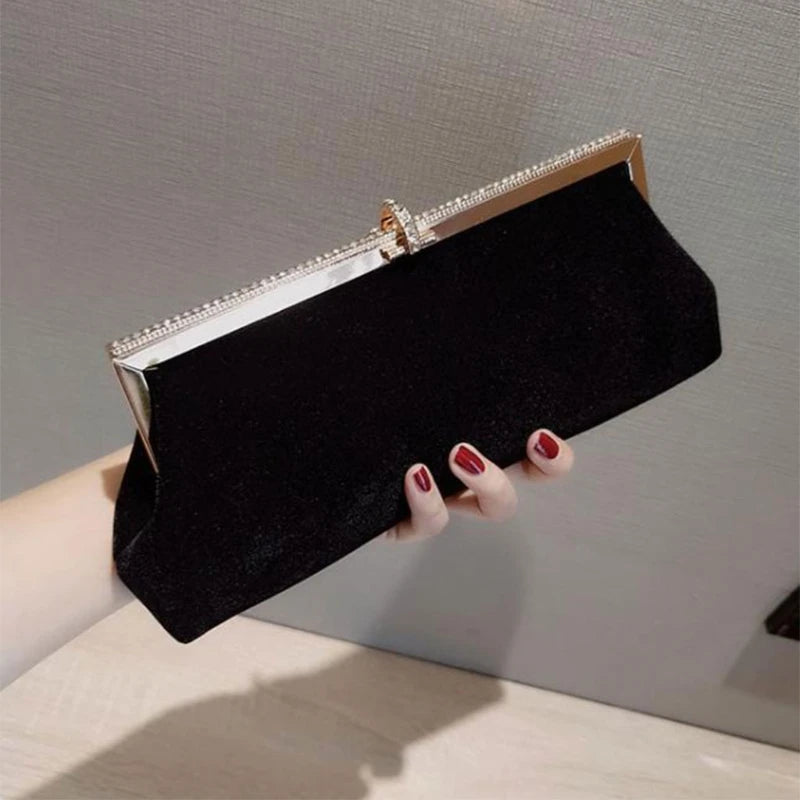 Velvet Evening Clutch Bag with Rhinestone Buckle Chain