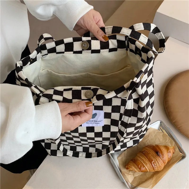 Women Retro Corduroy Shoulder Bag Checkerboard Pattern Canvas Handbags