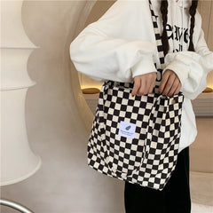Women Retro Corduroy Shoulder Bag Checkerboard Pattern Canvas Handbags