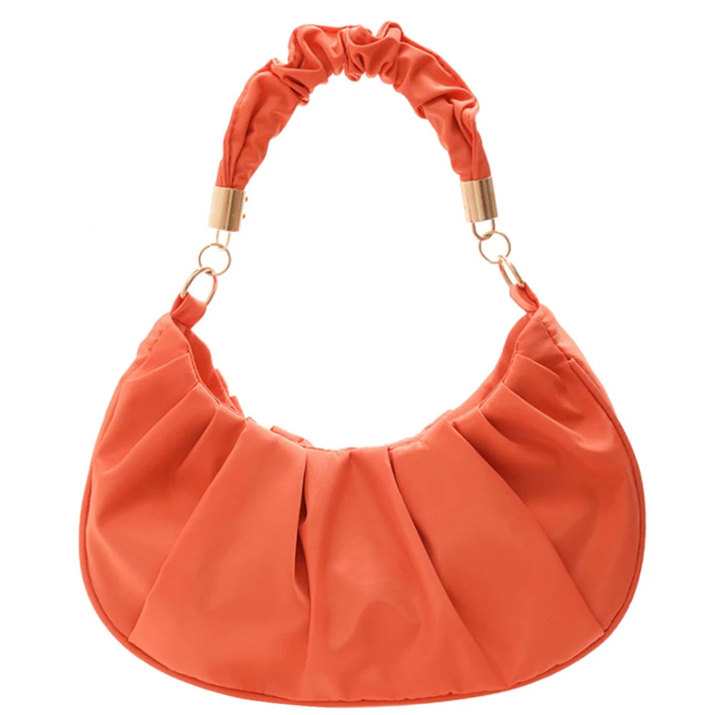 Women Retro Pleated Hobos Shoulder Bag Solid Leather Underarm Bags