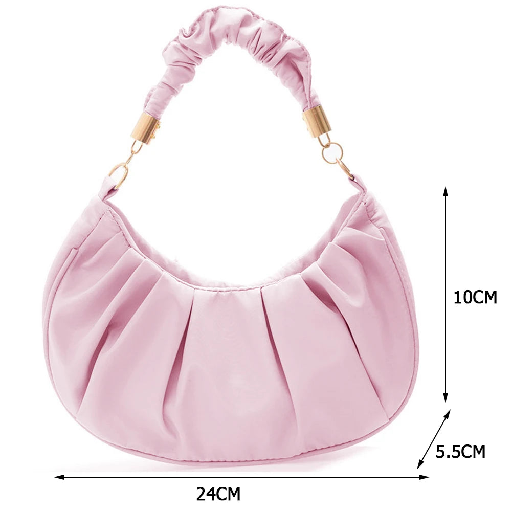 Women Retro Pleated Hobos Shoulder Bag Solid Leather Underarm Bags