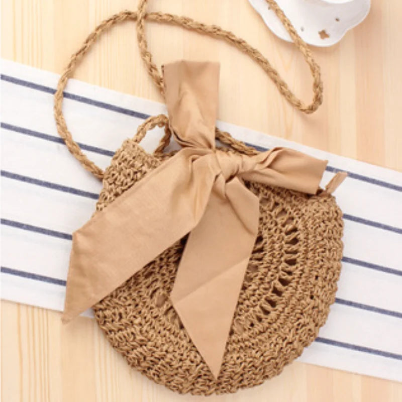 Women Round Straw Bag Beach Wind Bow Messenger Crossbody Bags