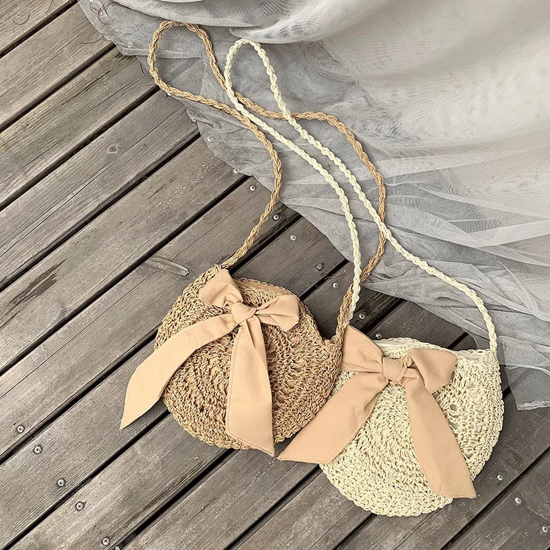 Women Round Straw Bag Beach Wind Bow Messenger Crossbody Bags