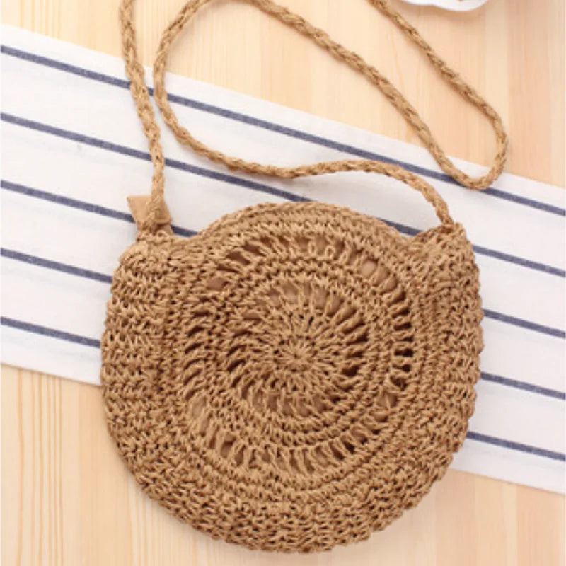Women Round Straw Bag Beach Wind Bow Messenger Crossbody Bags