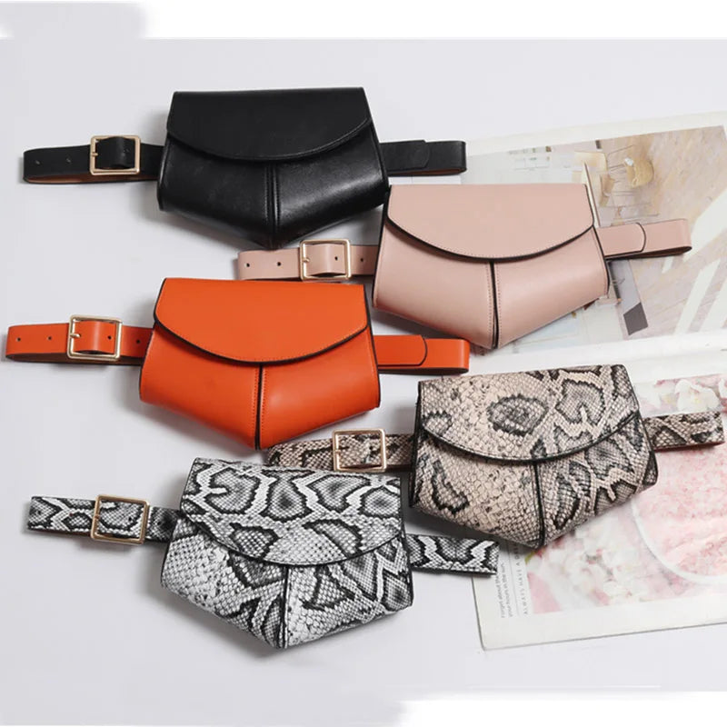 Pink Leather Women Serpentine Fanny Pack Disco Waist Bag