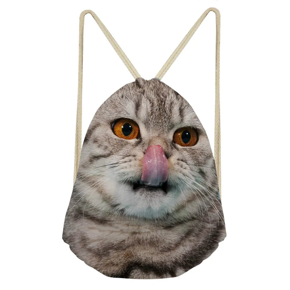 Cat Print Drawstring Bag for Students Girls Boys