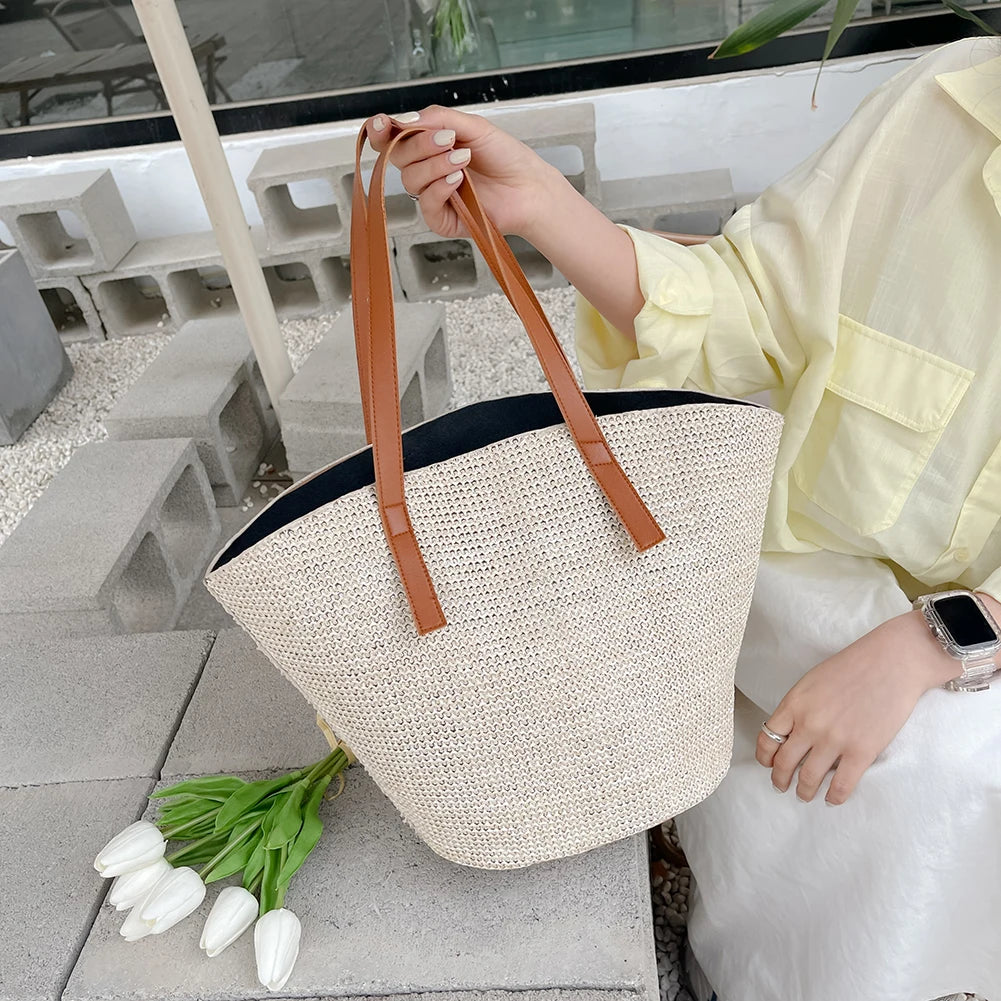 Women Straw Shoulder Bag Rattan Woven Beach Purse Female Basket Bags