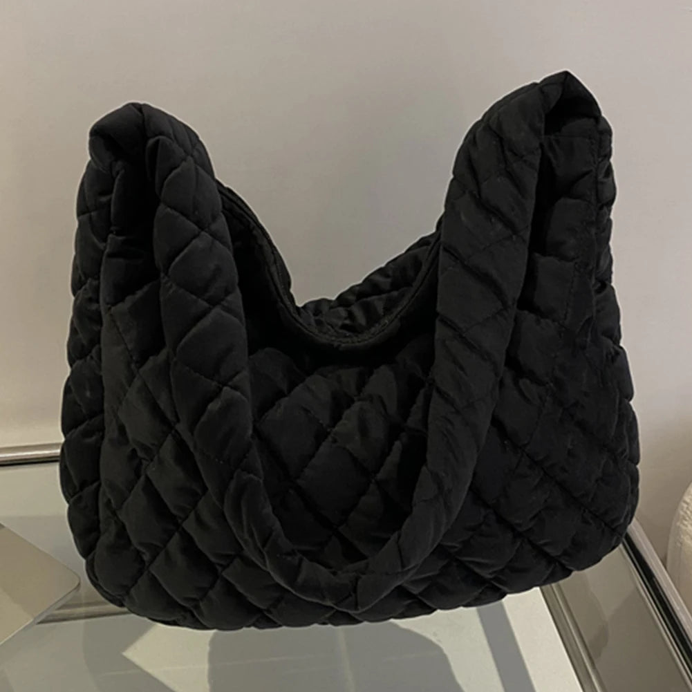 Women Shoulder Bag Quilted Rhombus Large Capacity Zipper Retro Purse