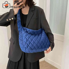 Women Shoulder Bag Quilted Rhombus Large Capacity Zipper Retro Purse