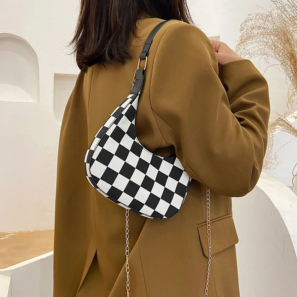Women Houndstooth Print Shoulder Bag PU Leather Ladies Casual Messenger Handbag